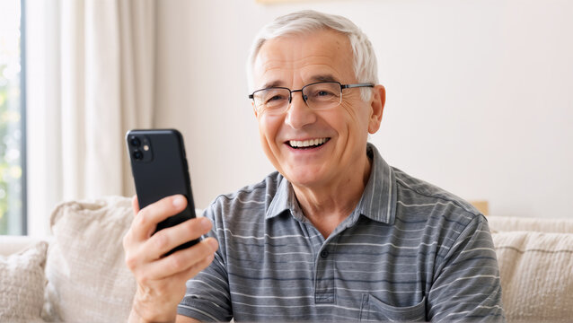 Szczęśliwy senior rozmawiający przez telefon kom&oacute;rkowy w domu