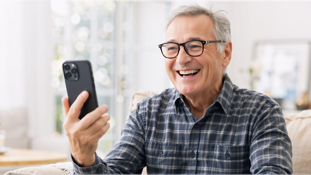 Szczęśliwy senior rozmawiający przez telefon kom&oacute;rkowy w domu