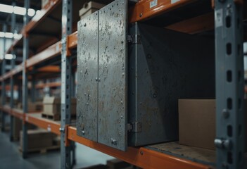 Equipment shelving with a closed crank cover panel in a warehouse setting