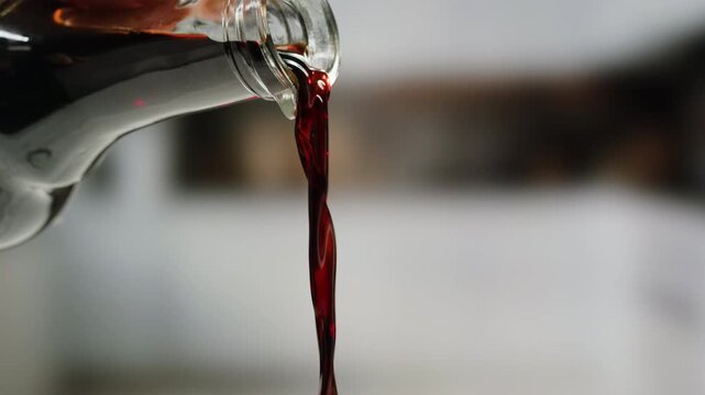 Asian Japanese soy sauce, Dark brown soy sauce pouring down into the glass bowl close up