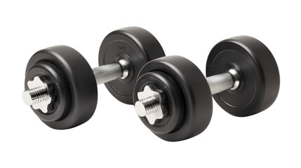 Pair of black rubber-coated dumbbells positioned symmetrically isolated on a Transparent background, PNG file.