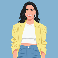 flat vector of beautiful asian female character with with long black hair and trending outfit