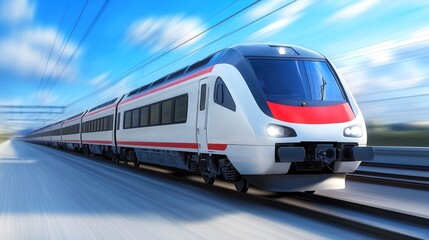 Naklejka premium A high-speed train traveling through a blue sky with white clouds.