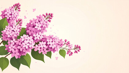 Fototapeta premium A minimal flat illustration of pink lilac flowers on a soft beige background, representing elegance, simplicity, freshness, spring season, floral beauty, and decorative botanical design for cards and 