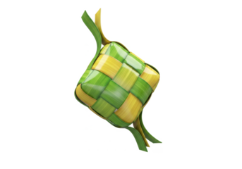A woven diamond-shaped rice cake, known as Ketupat, crafted from palm leaves, symbolizing a traditional Southeast Asian delicacy.