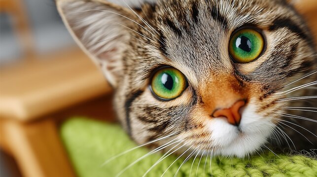 Cute Tabby Cat Close-Up on Green Knitted Blanket