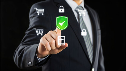 Man Hand touches green shield icon signaling verification approved