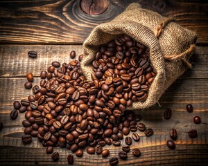 Burlap sack spilling roasted coffee beans on wooden surface