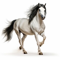 Magnificent White Horse Running Freely with Flowing Mane, isolated on Bright White Background
