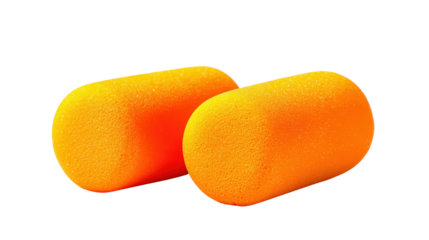 Pair of bright orange foam earplugs background isolated on a Transparent background, PNG file.