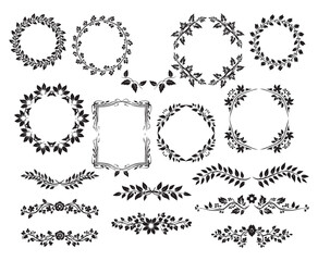 Collection of elegant hand drawn botanical floral frames and decorative borders with leaves and branches isolated on transparent background