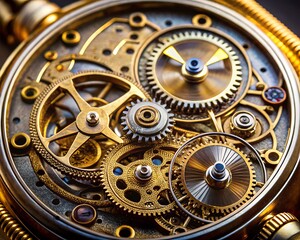 Intricate brass clockwork gears of a steampunk pocket watch mechanism