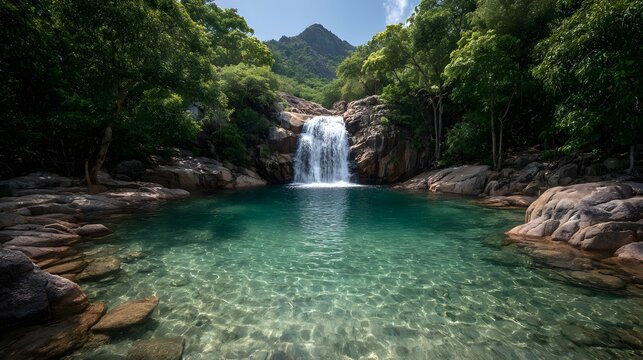 Serene Waterfall Cascading Into Crystal Clear Pool Surrounded by Lush Green Trees and Rocky Terrain