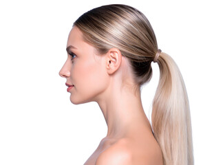 Naklejka premium Beautiful white girl side view with a ponytail hair isolated on a transparent background.