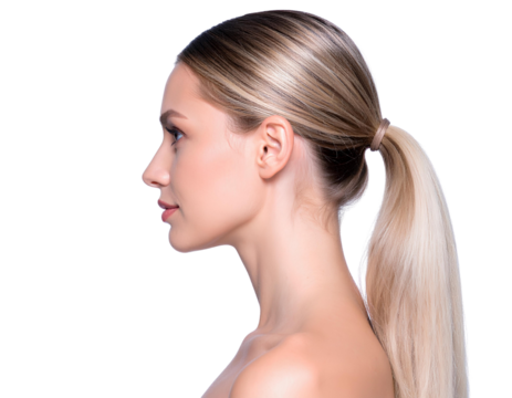 Beautiful white girl side view with a ponytail hair isolated on a transparent background.