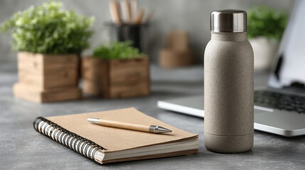 Eco-friendly office setup featu a recycled notebook, reusable water bottle, plants, and a laptop promoting sustainable habits in a modern workspace setup.