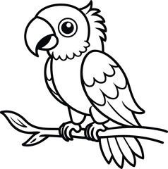 Cartoon Parrot Perched on a Branch, an Adorable Black and White Line Art Illustration Ready to be Colored
