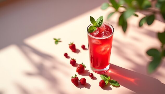 A tall glass of red fruit juice with fresh mint - Powered by Adobe