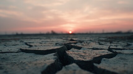 Obraz premium Cracked earth leading to hazy horizon, sunset glowing