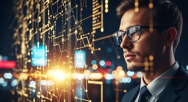 Man in suit wearing glasses looking at digital network overlay with blurred city lights background