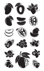 Collection of hand drawn silhouette fruit icons featuring mangoes apples and berries isolated on transparent background