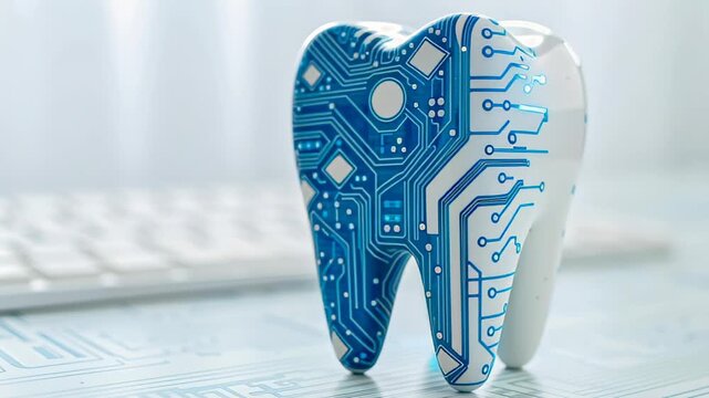 Tooth with digital circuit pattern represents dentist technology innovation and futuristic dental care solution in modern clinic
