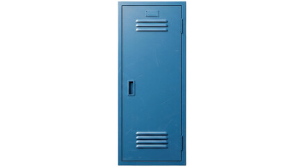 A single, blue metal locker stands isolated against a clean, white background.