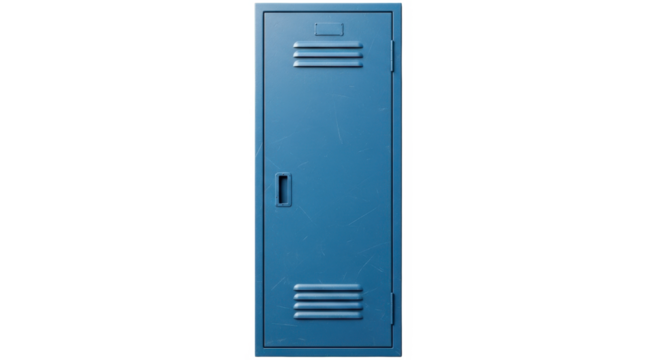 A single, blue metal locker stands isolated against a clean, white background.