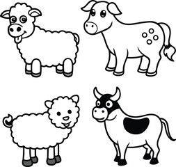 Cartoon Farm Animals Illustration with Sheep and Cows in Black and White Line Art for Coloring and Educational Resources