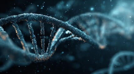 Futuristic biotechnology digital interface with dna strands, molecular structures, and scientific data visualization on high-tech blue background for advanced research and genetic engineering concepts