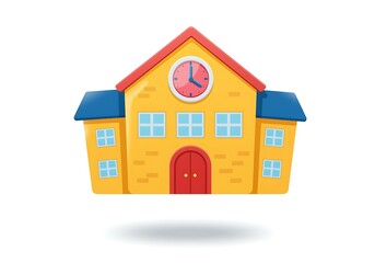 Fototapeta premium Cartoon School Building Illustration with Clock and Windows for Educational Design Projects and Graphics