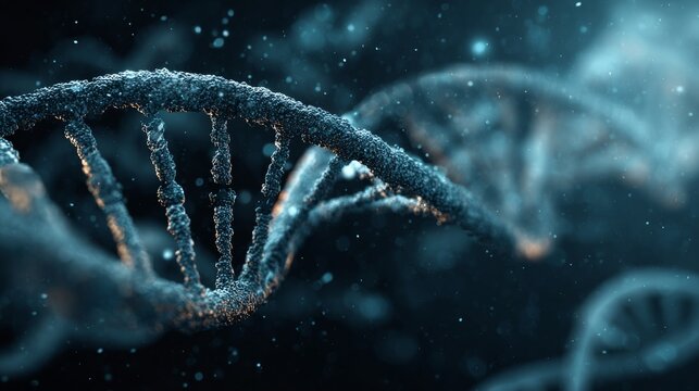 Futuristic biotechnology digital interface with dna strands, molecular structures, and scientific data visualization on high-tech blue background for advanced research and genetic engineering concepts - Powered by Adobe