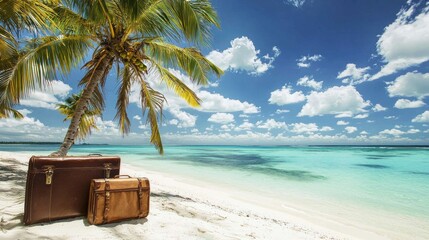 Two vintage suitcases on a tropical beach with palm trees and clear blue water.