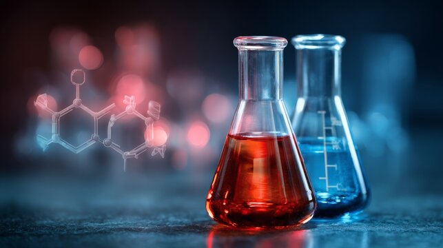 Blue and red glass flasks with chemical vials and molecular structure on futuristic laboratory background for medical research, biotechnology, chemistry, and science technology innovation