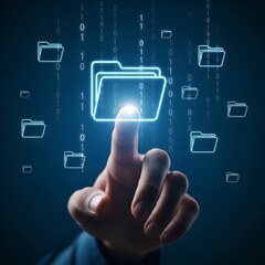 Finger touching glowing digital folder icon with binary code background