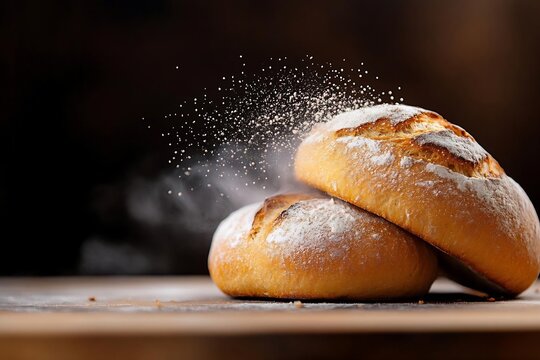 Two loaves of bread dusted with flour stand against a dark background