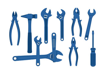 Vector illustration of collection of blue tools