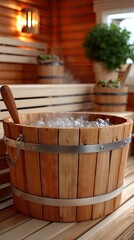 Wooden hot tub filled with steaming water sits in a cozy sauna surrounded by natural wood and indoor plants