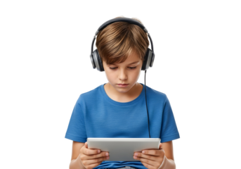 A young boy wearing headphones intently watches a tablet, engrossed in digital content