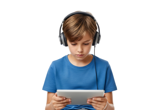 A young boy wearing headphones intently watches a tablet, engrossed in digital content - Powered by Adobe
