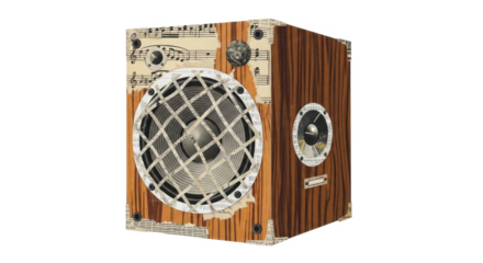 A uniquely designed wooden speaker with a decorative front grill, isolated on white background.
