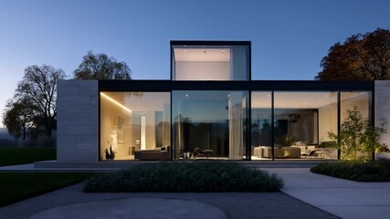 Modern glass-fronted house at dusk, showcasing sleek architecture and interior design, surrounded by lush greenery and a tranquil landscape, ideal for real estate marketing