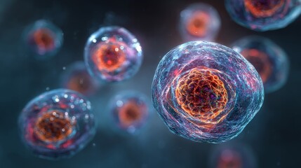 Microscopic view of embryonic stem cells forming cluster structure under laboratory research, concept of cellular therapy, regenerative medicine, biotechnology, and scientific innovation in healthcare