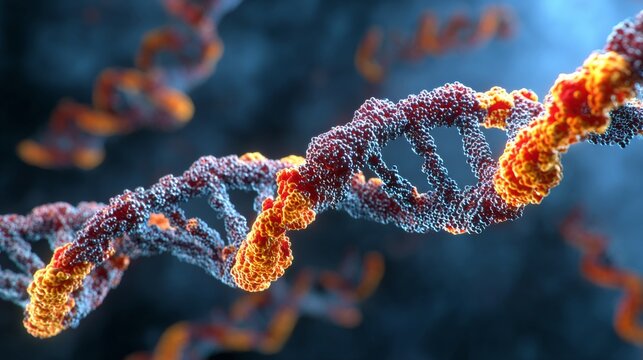 3d visualization of dna double helix structure with molecular connections and genetic data on futuristic blue background for biotechnology and scientific research concepts