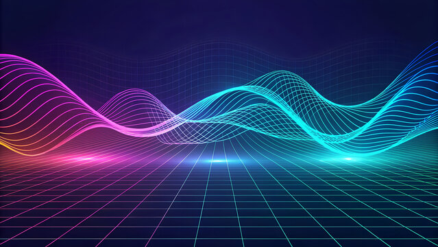 Abstract neon landscape with grid and waves in pink and blue colors on dark background