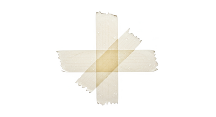 A plus sign formed by overlapping strips of beige adhesive tape against a white background.