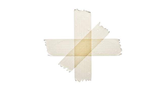 A plus sign formed by overlapping strips of beige adhesive tape against a white background.