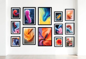 Fototapeta premium Clean white wall displays numerous minimalist framed artworks, art gallery, presentation