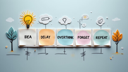 Concept board showing idea delay overthinking forget repeat icons