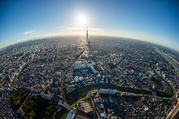 Wide-angle aerial view of Tokyo cityscape with Skytree Tower at the centre, Japan